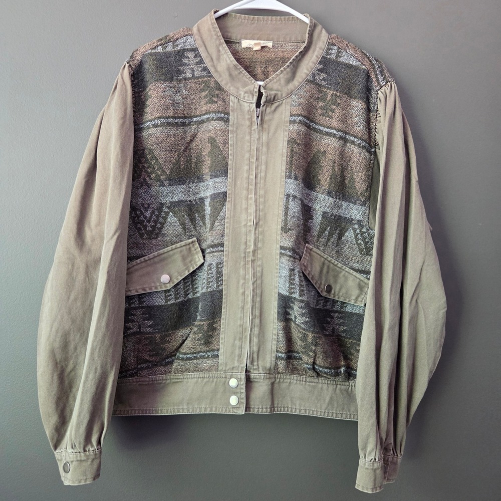 Mystree Womens‎ Aztec Western Mixed Media Bomber Jacket Olive Green Large